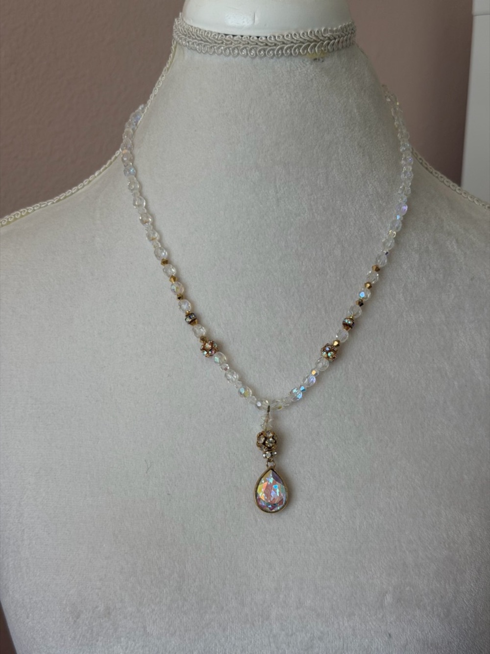 Vintage Aurora Borealis Crystal Teardrop Necklace